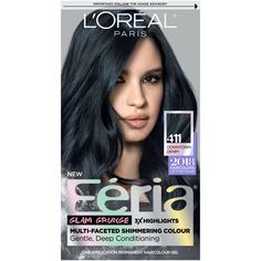 L'Oreal Paris Feria Permanent Haircolor, Downtown Denim/Dark Blue Brown ~ #411 ~ 1 kit About this item Feria Is Multi-Faceted Permanent Hair Color: Known for shimmering color and edgy colors, Feria permanent hair dye kits transform hair from blah to brilliant; The Power Shimmer Feria Conditioner seals and smooths for lasting bold color that will turn heads Multi-Tonal, Shimmering Feria Hair Color: With 50 plus bold shades ranging from deepest black hair dye to platinum blonde and smoky silver ha Loreal Paris Feria, Feria Hair Color, Blue Hairstyles, Blue Black Hair Color, Edgy Hair Color, Denim Hair, Blue Black Hair, Korean Hair Color, Bold Hair Color