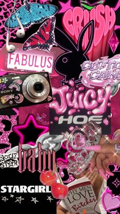 a collage with pink and black items on it