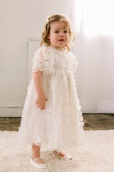 Short Sleeve First Communion Dress, Elegant Short Sleeve Princess Dress For Confirmation, Elegant Baptism Dress With Ruffles For Church, Elegant Ruffled Baptism Dress For Church, Elegant Short Sleeve Princess Dress For First Communion, Baptism Dress With Lace Bodice And Short Sleeves, Short Sleeve Baptism Dress With Lace Bodice, Cream Short Sleeve Dress For First Communion, Elegant Baptism Dress With Short Sleeves