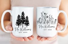 two coffee mugs with the names mr and mrs williams printed on them are held in their hands