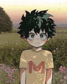 an animated image of a boy with black hair and blue eyes standing in a field