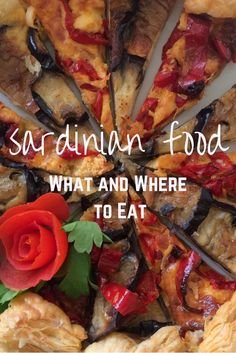 there is a pizza with different toppings on it and the words sardinan food what and where to eat