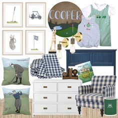 a collage of golf related items including a chair, bed and pictures on the wall