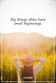 a woman standing in a field with her hands on her head and the words big things often have small beginnings