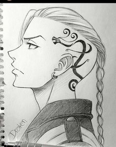 a pencil drawing of a woman with braids on her head and ear piercings