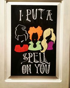 Hocus Pocus Chalkboard Ideas, Witch Window Painting, Halloween Chalk Wall Ideas, Fall Chalk Designs, Funny Halloween Chalkboard Art, Halloween Chalkboard Art Witch, Hocus Pocus Chalkboard Art, Halloween Chalkboard Sign, Halloween Chalk Art Easy