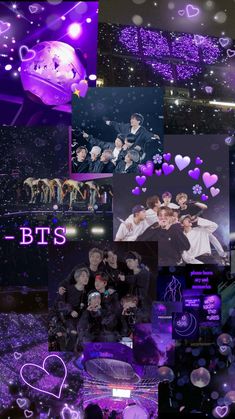 the bts collage is shown with purple lights and hearts