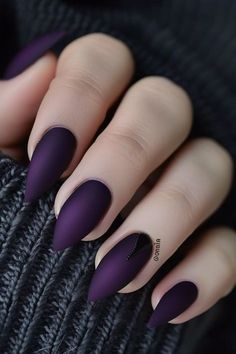 Matte Witchy Nails, Matte Plum Nails Almond, Matte Purple Nail Designs, Deep Purple Nail Ideas, Matte Black Nails With Glitter, Deep Plum Nails, Purple Autumn Nails, Witchy Nail Ideas, Acrylic Almond Nails Ideas