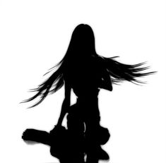 the silhouette of a woman with long hair holding a skateboard in front of her body