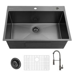 an image of a stainless steel sink and faucet set up with the kitchen accessories