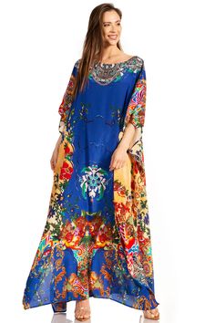 This lovely kaftan dress features a boat-neck and generous sleeve openings. Also, nicely placed rhinestones around the neckline. Loose Gown, Kaftan Dress Boho, Beach Kaftan Dress, Beach Kaftan, Dress Boho, Women Maxi, Kaftan Dress, Long Beach, Boho Dress