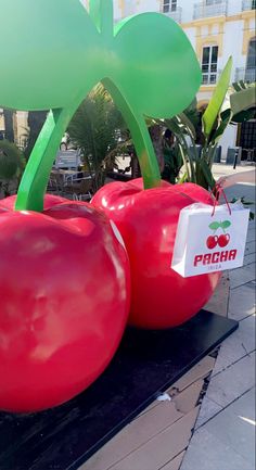 two large red tomatoes sitting next to each other on top of a black table in front of a building