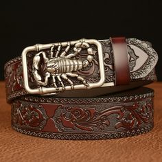 28% OFF GENUINE LEATHER LUXURY WAIST STRAP BELTS FOR JEANS WITH SCORPION BUCKLE: IT'S TOO GOOD TO MISS We've got a steal of a deal that you can't pass on. Get our popular Genuine Leather Luxury Waist Strap Belts for Jeans with Scorpion Buckle for a limited-time price of just US $30.20! Find your favorite Natural material from us and enjoy: Superior quality and craftsmanship A price that you won't see again (this sale won't be forever) First-class customer service from a team ready to help What m Luxury Leather Men's Belt Buckles, Scorpion Pattern, Cool Belt, Western Leather, Jeans Casual, Unique Bags, Brown Belt, Genuine Leather Belt, Watch Collection