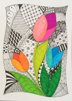 a drawing of flowers and leaves on a piece of paper with an abstract design in the background