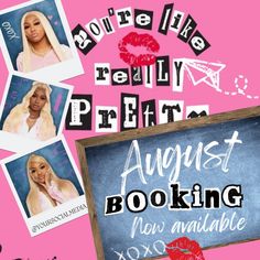 an advertisement with photos of women in lipstick and the words august booking now available