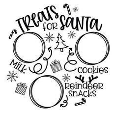 a black and white drawing of santa's cookie cookies, reindeer snacks, and christmas trees