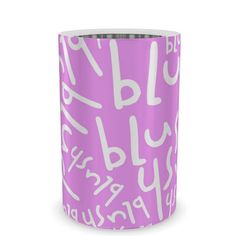 a purple cup with white letters on it