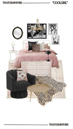 a bedroom with black and white furniture, pink bedding, leopard print rugs and pictures on the wall