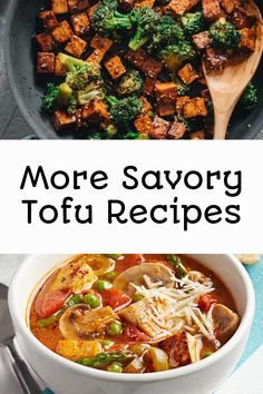 two pictures with different types of tofu and broccoli in the same bowl