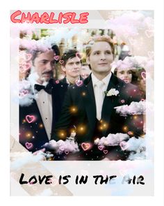 two men in tuxedos are surrounded by clouds and hearts with the words love is in the air above them