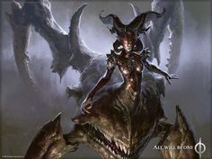 an alien woman riding on the back of a large demon like creature with horns and fangs