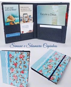 an open book with flowers and polka dots on the cover is next to a photo album