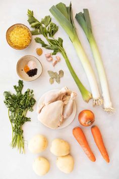 the ingredients for this dish include carrots, celery, onions, and chicken