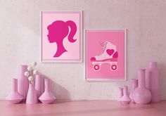 two pink posters with roller skates and a woman's head on the wall