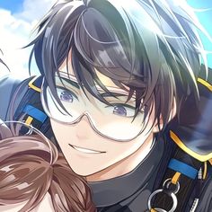 an anime character with glasses on his face and another person in the background holding onto him