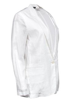 Get striking in this business staple from Theory! Made with a soft white material, this sheer-back style blazer is truly a unique find. Elevate any professional dress, skirt or trouser look with this bright white beauty. Size 10 No fabric content, most likely a linen blend Front button closure Notch lapel Front breast pocket Semi-sheer back design No shoulder padding Waist 32" Sleeve 24.5" Shoulder to hem 28.5" Elegant Single Button Summer Blazer, Modern White Single Button Blazer, Chic White Single Button Blazer, Summer Formal Blazer With Hidden Button Closure, Chic White Single-button Blazer, Summer Formal Blazer With Button Closure, Chic White Blazer With Single Button, Sleek White Blazer For Work, Sleek White Workwear Blazer