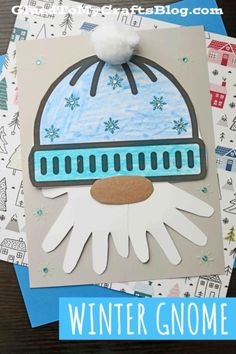 a card with the words winter gnome on it and an image of a snowman's hat