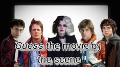 some people are standing together with the words guess the movie by the scene