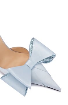 A lavish gift-style bow set with sparkling crystals at the interior inspires the name of this pointy-toe slingback pump done in lustrous silk satin. 3 3/4" (95mm) heel (size 8.5US.38.5EU) Elasticized slingback strap Textile upper/leather lining/leather and synthetic sole Made in Italy Designer Shoes Luxury Heels With Satin Bow And Pointed Toe, Luxury Heels With Bow For Gala, Luxury Bow Heels For Gala, Designer Heels With Bow For Party, Luxury Formal Heels With Satin Bow, Luxury High Heel Slingback Pumps With Bow, Luxury Slingback Pumps With Bow Straps For Evening, Luxury Slingback Pumps With Bow, Luxury Evening Slingback Pumps With Bow Straps