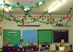 a classroom with desks, chairs and decorations