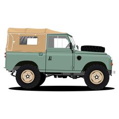 an old green truck with a tent on the roof and four wheel drive, parked in front of a white background