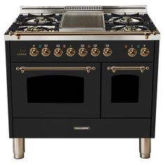 a black stove top oven with two burners and one door on each side, in front of a white background