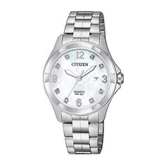 The Quartz from citizen is a silver watch designed for ladies, with a striking mother-of-pearl dial and eight crystals for a luxury look and feel. This unique watch features a stainless steel case with a snap-on back perfect for engraving, paired with a stainless steel bracelet watch band. It has luminous silver-tone minute and hour hands, and a silver-tone second hand, as well as displaying the current date. It is a striking timepiece that will compliment every style and outfit, and is sure to Watches Unique, Mens Gift Sets, Steel Watch, Minerals Crystals, Steel Bracelet, Silver Watch, Stainless Steel Bracelet, Watch Design, Stainless Steel Case