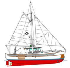 a drawing of a sailboat with red and white stripes on the front, brown bottom and tan sides