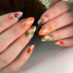 Fall Nails Colorful, Groovy Gel Nails, Fall Colors Nail Designs, Autumnal Nail Art, Noah Kahan Inspired Nails, Fall Mismatched Nails, Retro Fall Nails, Checkered Fall Nails, Structured Gel Manicure Designs