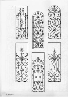 four different types of wrought iron doors with decorative designs on the sides and back panels