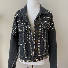 Good Condition. Never Used. Black Denim Jacket With Snap Buttons For Winter, Edgy Long Sleeve Denim Jacket For Fall, Chic Black Denim Jacket For Fall, Edgy Spring Outerwear With Buttons, Chic Winter Denim Jacket With Snap Buttons, Chic Black Denim Jacket, Black Jean Jacket, Coats Black, Black Jean