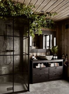 a bathroom with a shower, sink and plants on the counter top in front of it