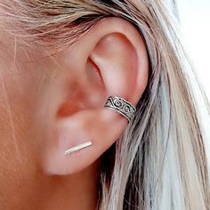 Silver Ear Cuff Earrings, Piercing Cartilage, Wrap Earrings, Bar Stud Earrings, Silver Ear Cuff, Bar Studs, Ear Cuff Earings, Ear Cuffs, Bar Earrings