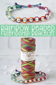 the rainbow beaded bracelet is made with colorful thread and beads, on a white background