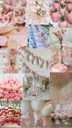 a collage of pink and white desserts, cookies, flowers, and balloons