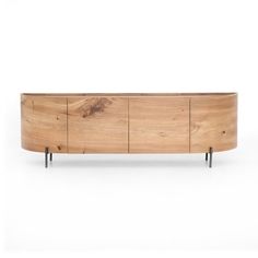 the sideboard is made out of wood and has metal legs on one end, and two