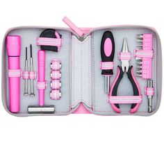 The Mini Travel Tool Set is a handy choice for quick fixes at home and on the go. This kit features everything you might need, all housed in an attractive vegan leather case. Mini Tool Kit, Dorm Tips, Emergency Pack, Emergency Kit For Girls, Road Trip Kit, Pink Tools, Doterra Essential Oils Recipes, Girly Car Accessories, Aesthetic Places