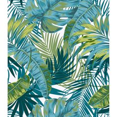 a blue and green wallpaper with palm leaves