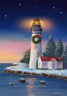 a painting of a lighthouse with wreaths on it's top and water in the foreground