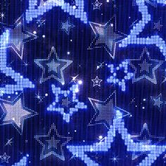 blue and white stars are in the air with sparkles on them, as well as dots